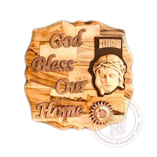 God Bless our Home' Plaque w/Face of Jesus w/Crown of Thorns & Inlaid Incense - Olive Wood & Gypsum Relief