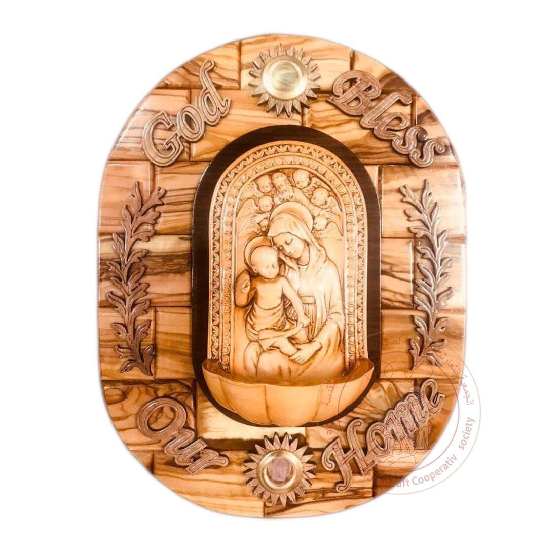 'God Bless our Home' Plaque w/Virgin Mary & Infant Jesus & 2 Inlaid Incense - Olive Wood & Gypsum Relief