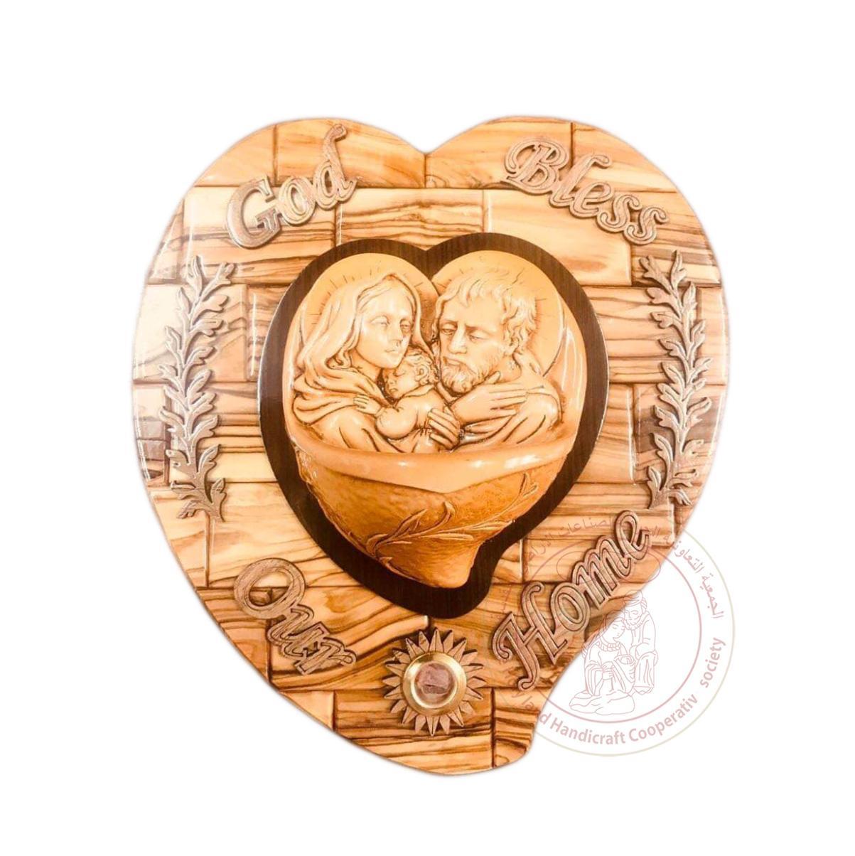 God Bless our Home' Heart-Shaped Plaque w/Holy Family & Inlaid Incense - Olive Wood & Gypsum Relief