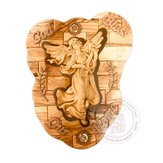 God Bless our Home' Heart-Shaped Plaque w/Angel & 2 Inlaid Incense - Olive Wood & Gypsum Relief