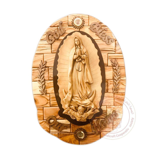 God Bless our Home' Heart-Shaped Plaque w/Our Lady of Guadalupe & 2 Inlaid Incense - Olive Wood & Gypsum Relief