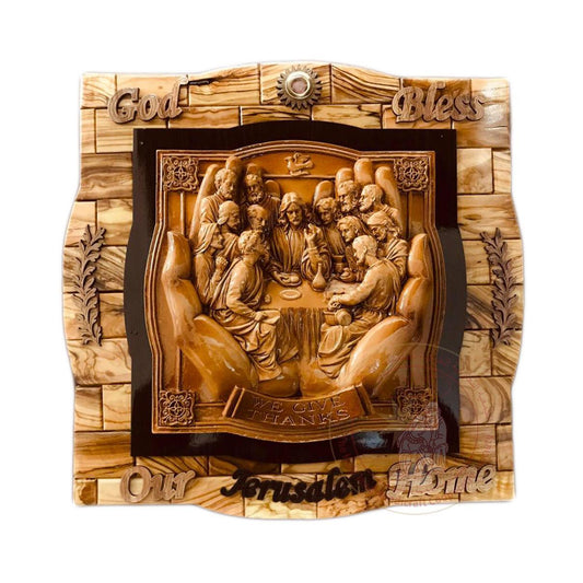 God Bless our Home' Heart-Shaped Plaque w/Last Supper Within Praying Hands & Inlaid Incense - Olive Wood & Gypsum Relief