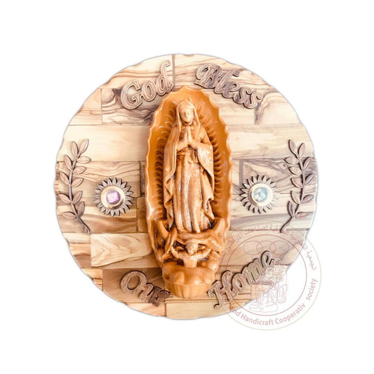 God Bless our Home' Plaque w/Our Lady of Guadalupe & 2 Inlaid Incense - Olive Wood & Gypsum Relief