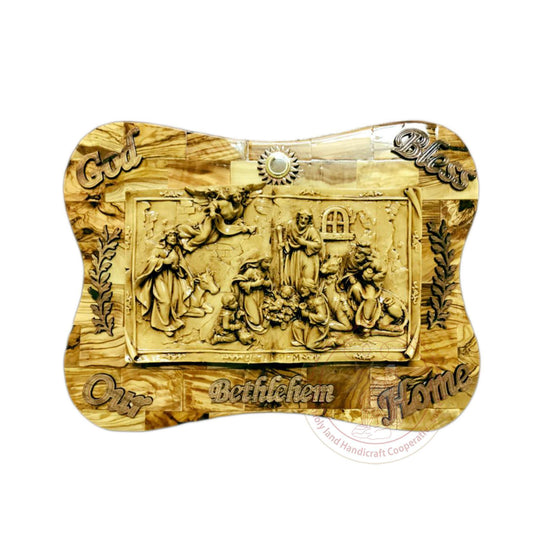 God Bless our Home' Plaque w/Nativity & Inlaid Incense - Olive Wood & Gypsum Relief