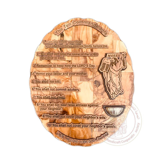 Ten Commandments' Plaque w/Moses & Holy Water Font - Olive Wood & Laser Cut