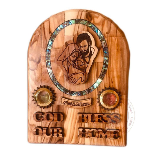 God Bless our Home' & 'Bethlehem' Plaque w/Holy Family & Mother of Pearl Border & 2 Inlaid Incense - Olive Wood & Mother of Pearl, Laser-Cut