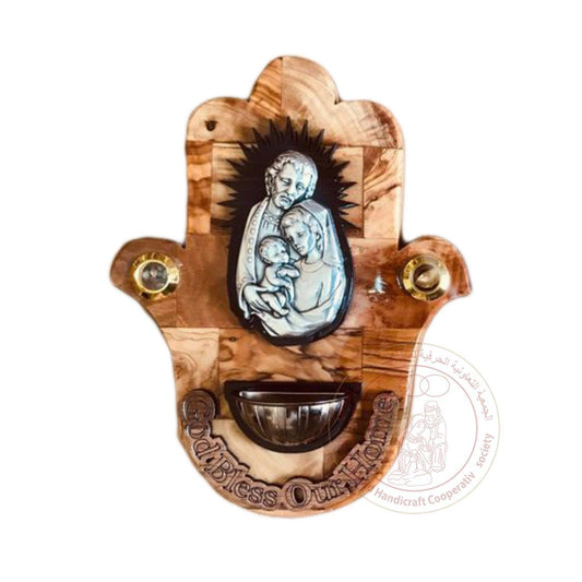 God Bless Our Home' Hamsa Holy Family Plaque w/Baptismal Font & 2 Inlaid Incense - Olive Wood & Gypsum, Silver-Plated Relief