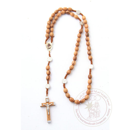 Authentic Olive Wood Rosary with 8mm oval beads, Jerusalem cross, metal icons