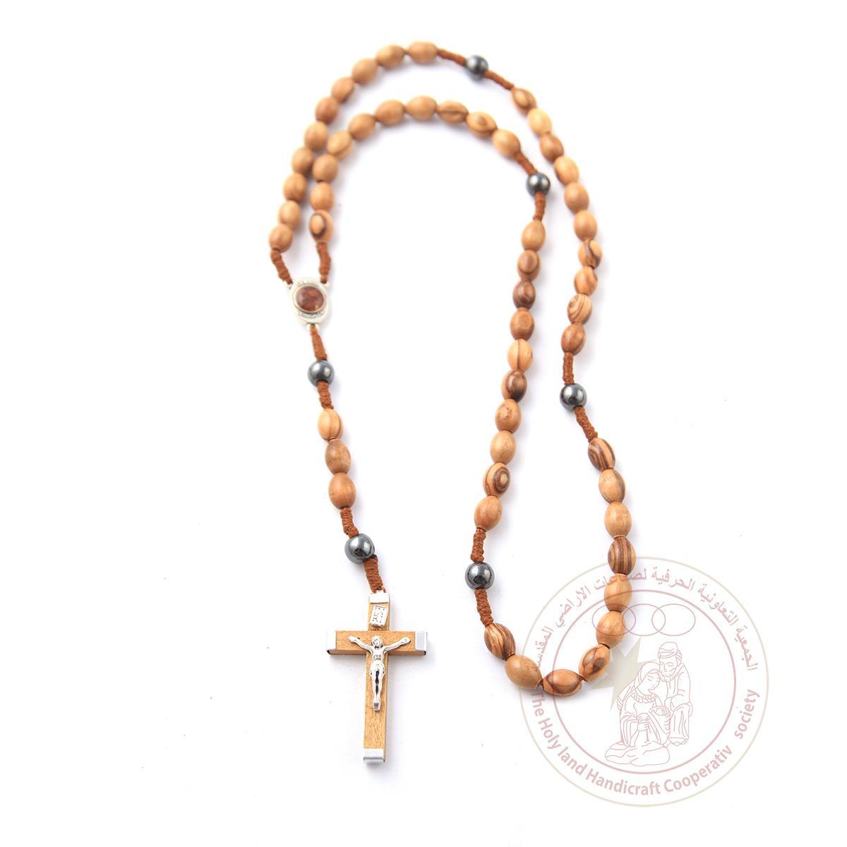 Authentic Olive Wood Rosary with  8mm oval olive wood and Sterling beads, Virgin Mary Silver icon, Jerusalem cross