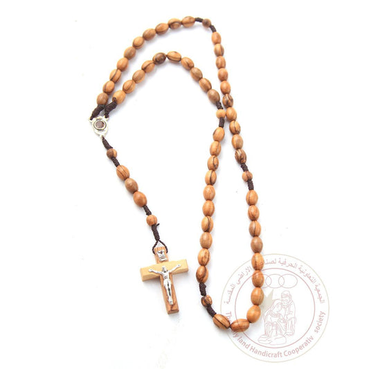 Authentic Olive Wood Rosary with 10mm oval beads, Jerusalem cross with holy soil glass