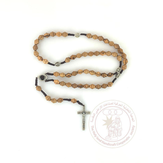 Authentic Olive Wood Rosary oval Threaded beads, silver plated cross and icons and holy soil glas