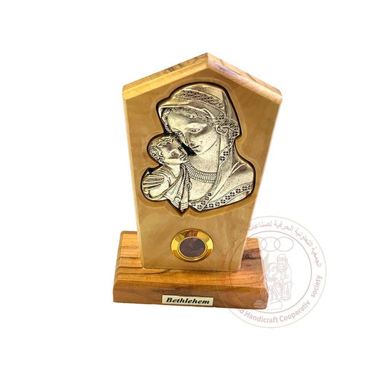 Medium Olive Wood Stand with silver plated Virgin Mary with Baby Jesus with Incense